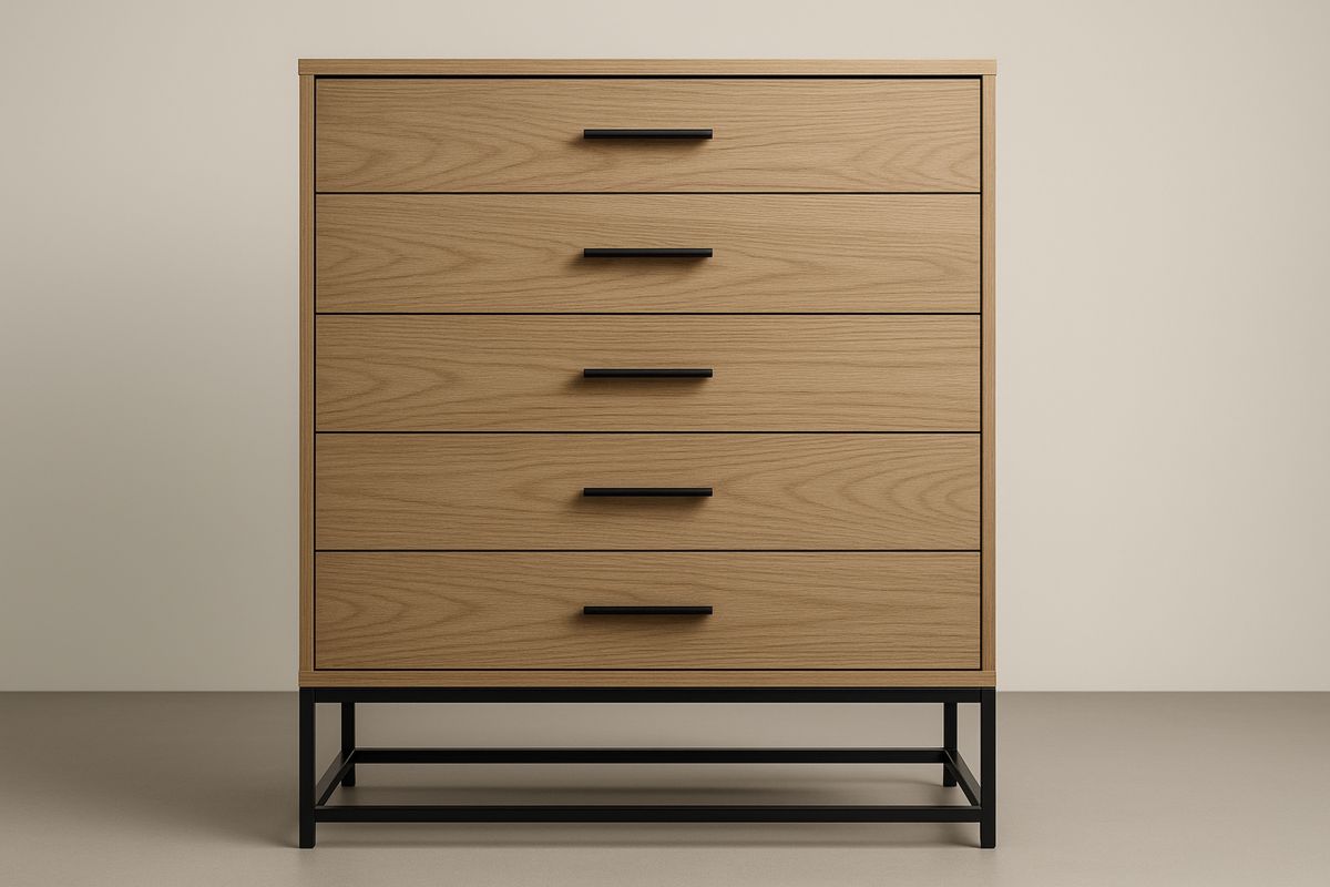 Wood Veneer Chest of Drawers with Black Metal Legs-Bloompadds