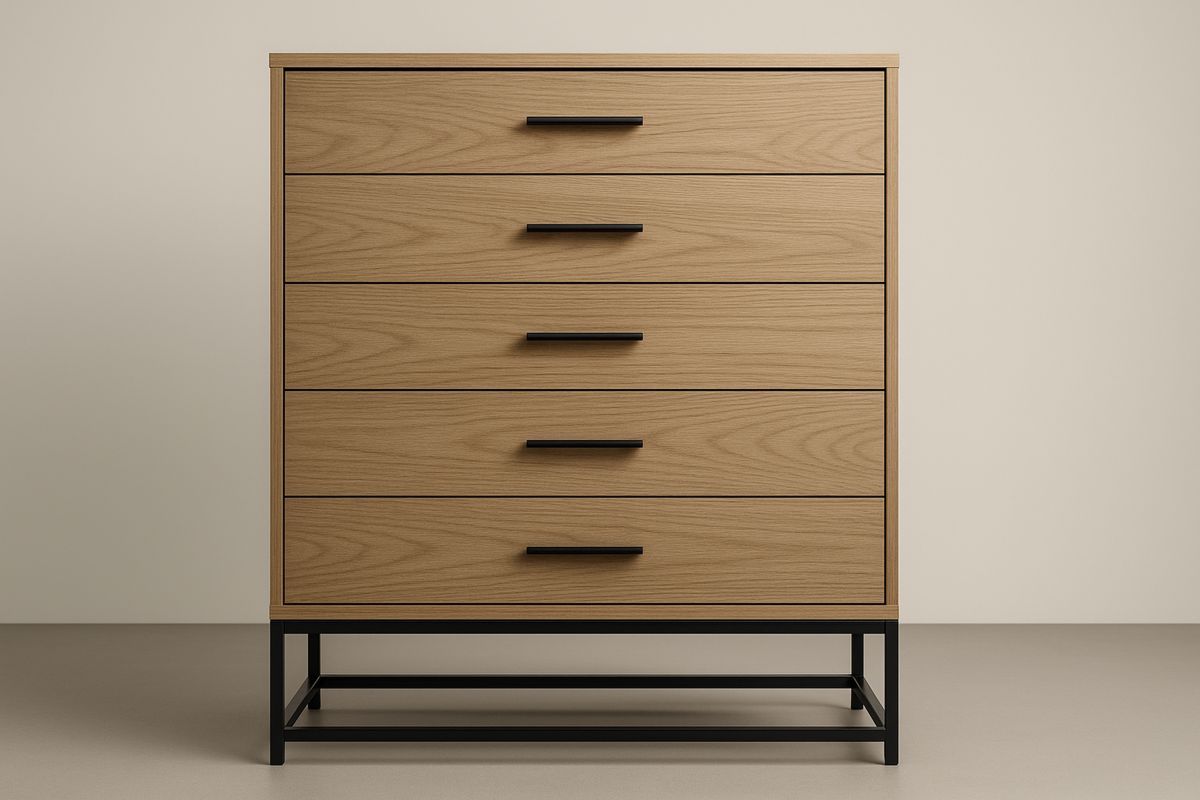 Wood Veneer Chest of Drawers with Black Metal Legs-Bloompadds