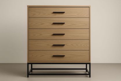 Wood Veneer Chest of Drawers with Black Metal Legs-Bloompadds
