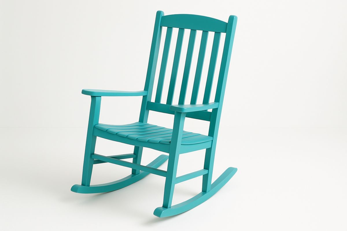Teal Wooden Rocking Chair with Slatted Backrest and Armrests-Bloompadds