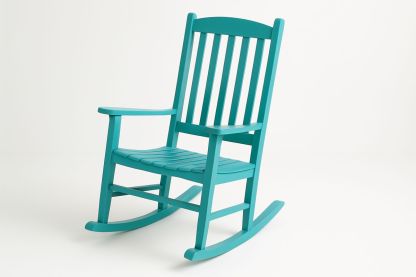 Teal Wooden Rocking Chair with Slatted Backrest and Armrests-Bloompadds
