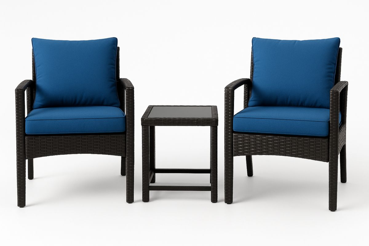 Outdoor Patio Wicker Chairs Set with Cushions and Glass Table Black/Blue