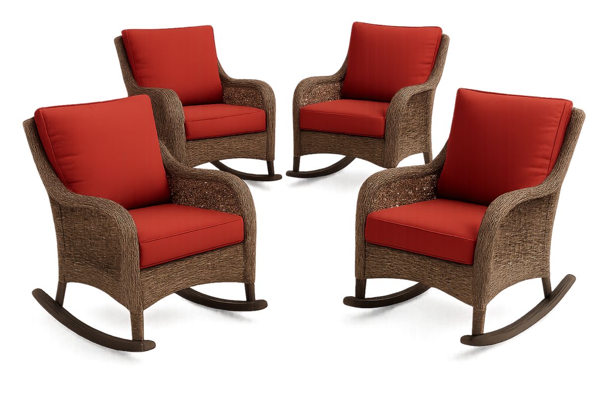 4 Piece Outdoor Wicker Rocking Chair Set with Red Cushions