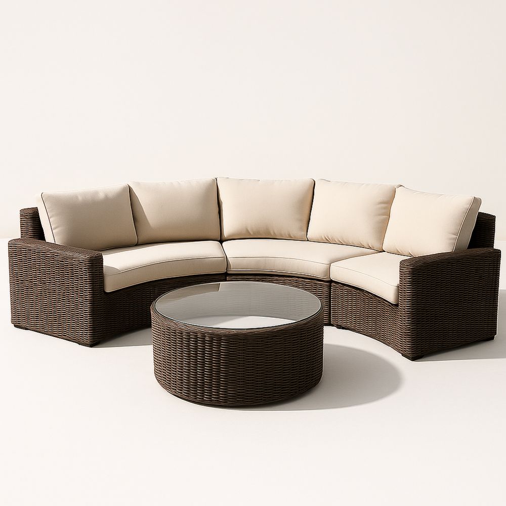 Outdoor 5-Seater Sofa Set with Brown Wicker and Beige Cushions