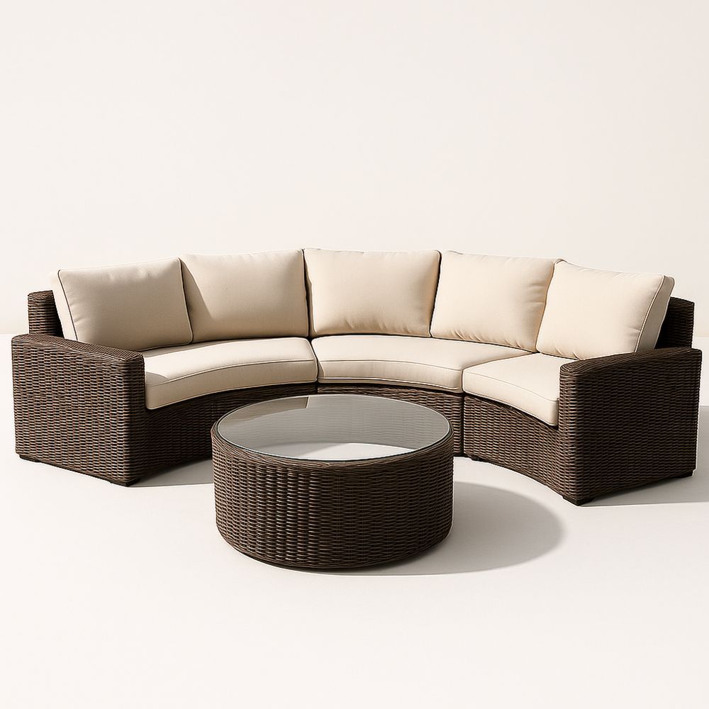 Outdoor 5-Seater Sofa Set with Brown Wicker and Beige Cushions