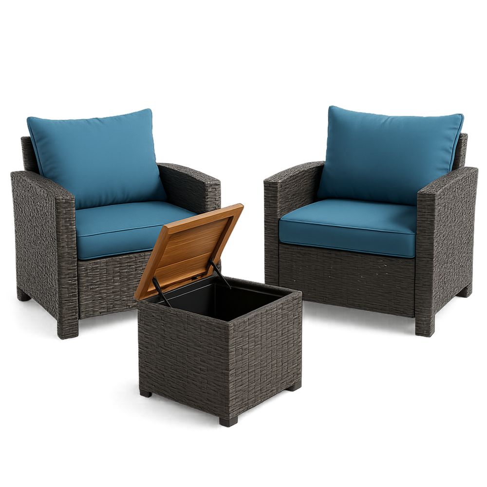 Outdoor Lounge Chair Set with Storage Table Wicker Polyethylene Blue Cushions