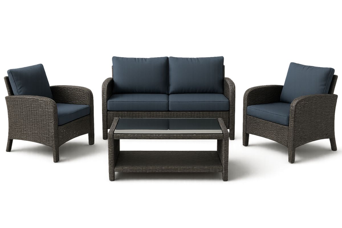 4 Piece Outdoor Lounge Set Wicker Rattan with Cushions and Glass Top Coffee Table Grey/Blue