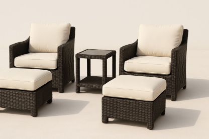 Outdoor Wicker Chair Set with Cushions and Side Table Brown Beige