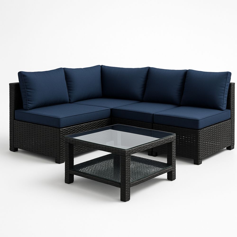 Outdoor Wicker Corner Sofa Set with Glass Table and Blue Cushions