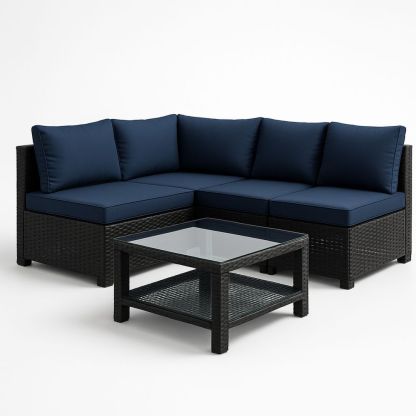 Outdoor Wicker Corner Sofa Set with Glass Table and Blue Cushions