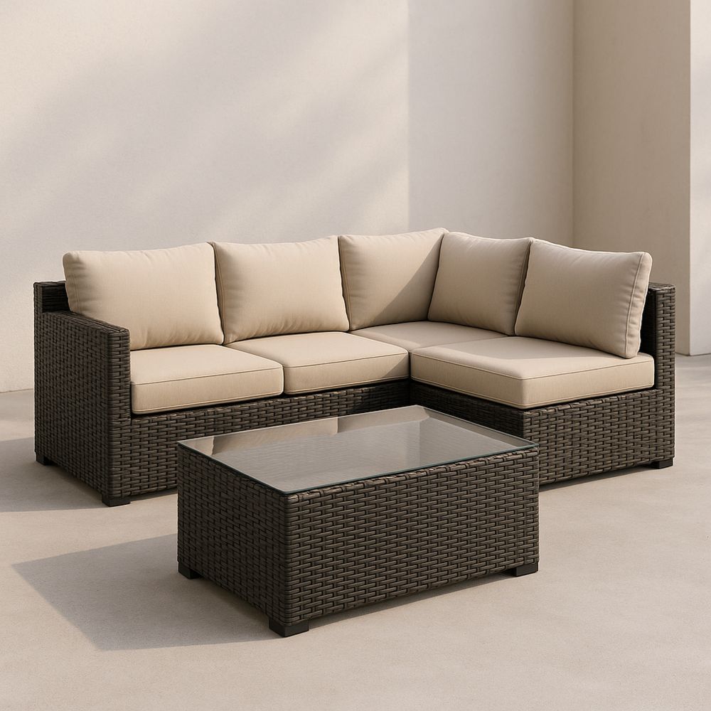 Outdoor Wicker Sectional Sofa Set with Glass Table - Beige Cushions