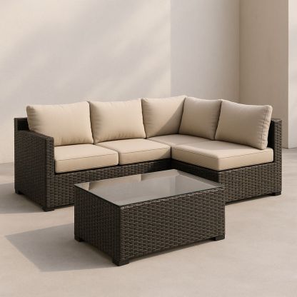 Outdoor Wicker Sectional Sofa Set with Glass Table - Beige Cushions