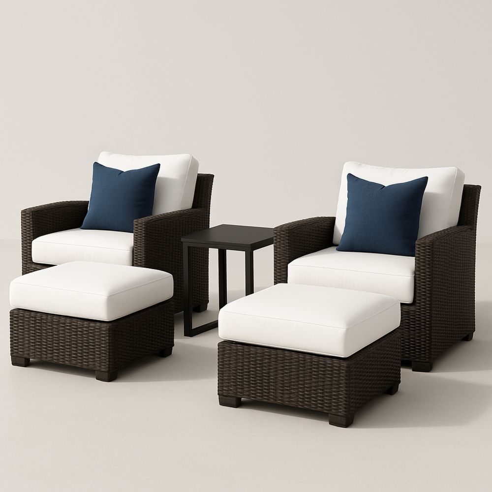 Outdoor Wicker Chair and Ottoman Set with Cushions in Brown, White, and Navy