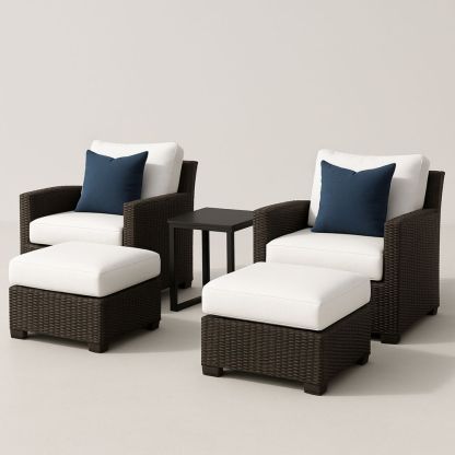 Outdoor Wicker Chair and Ottoman Set with Cushions in Brown, White, and Navy