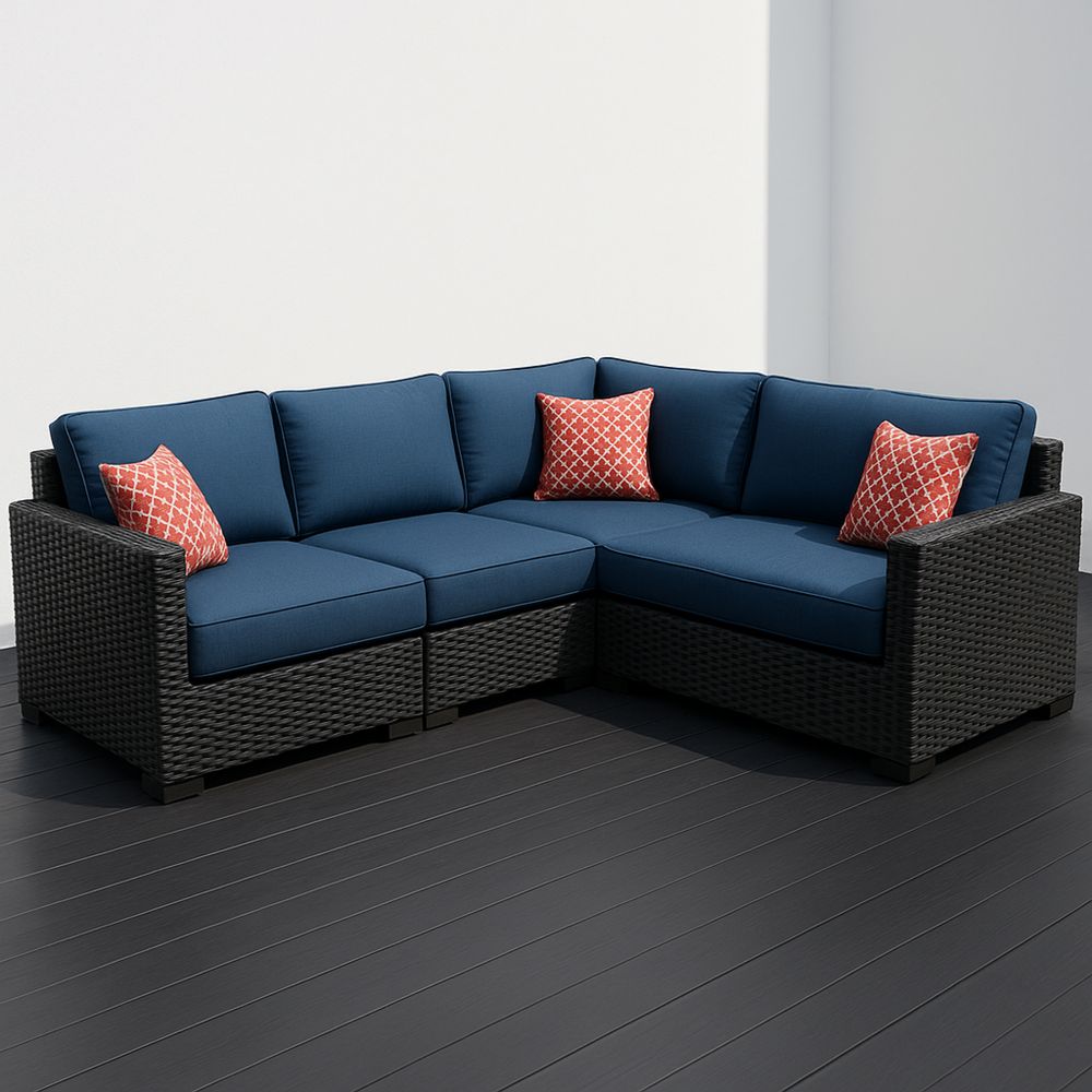 Outdoor Corner Sofa Set Wicker Frame Blue Cushions Red Accent Pillows