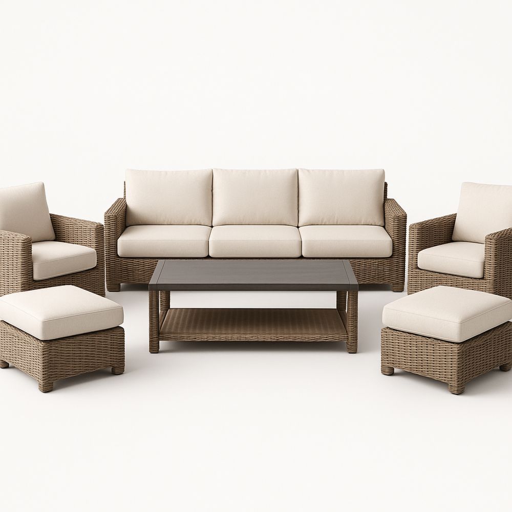 Outdoor Sofa Set with Woven Rattan and Beige Cushions Including Coffee Table, Armchairs, and Ottomans