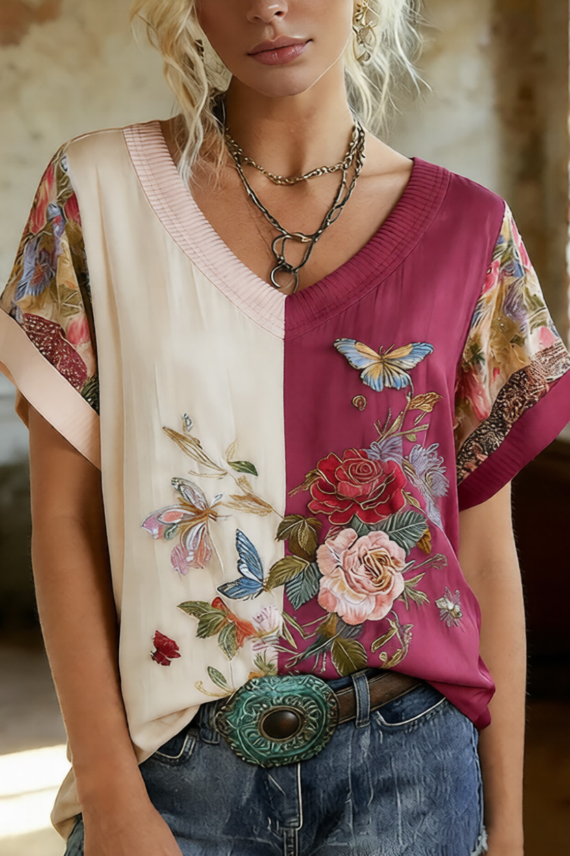 Vintage Floral Print V-Neck Ribbed T-Shirt