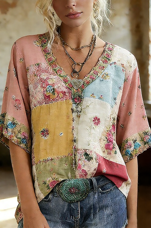 Retro Floral Print V-Neck Short Sleeve Top