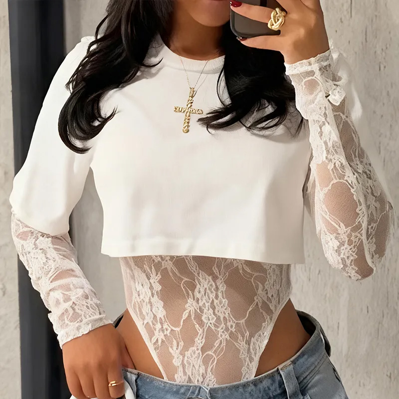 Lace bodysuit T-shirt two-piece set