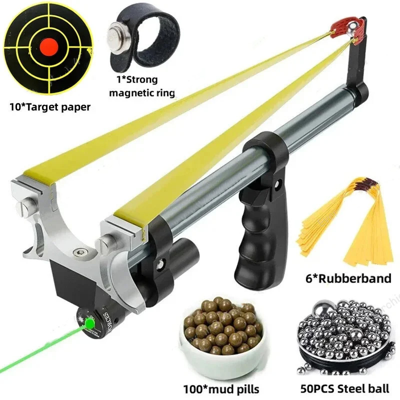 Laser-aimed telescopic slingshot