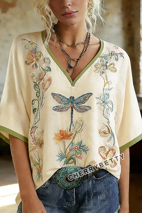 Retro Floral Embroidered V-Neck Short Sleeve Top