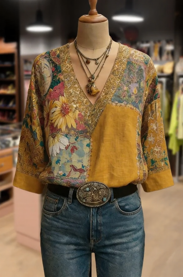 Boho Flower Print V-Neck Blouse