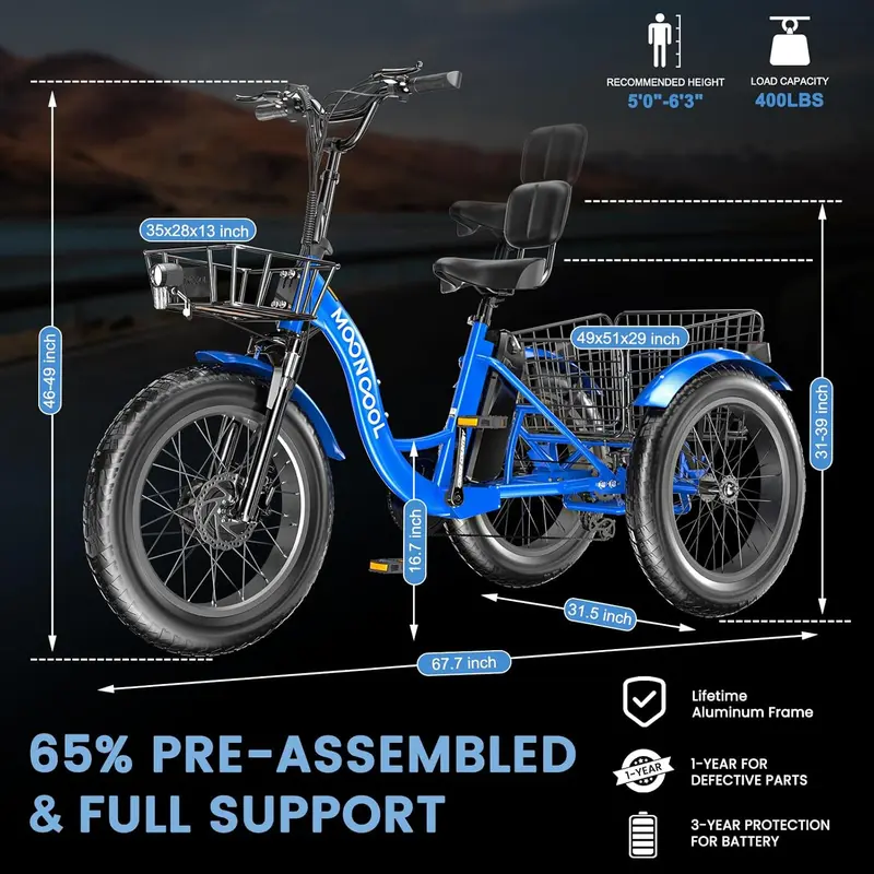 MOONCOOL TK1 Adult Fat Tire Electric Tricycle, 20-inch x 4-inch Fat Tire Electric Tricycle