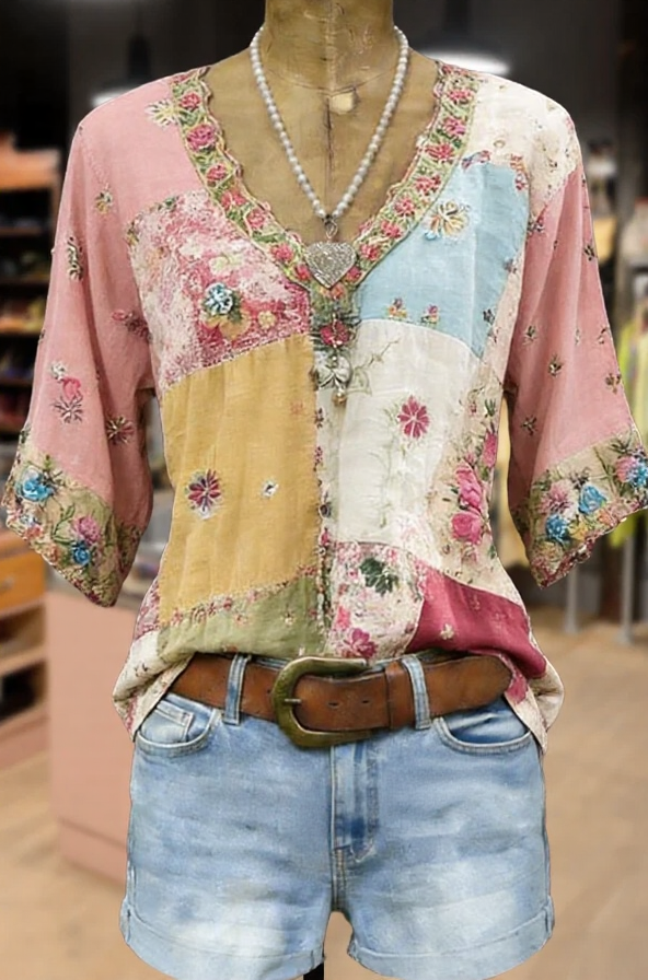 Retro Floral Print V-Neck Short Sleeve Top