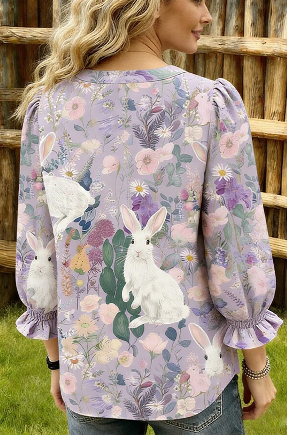 Easter Bunny Print V-Neck Puff Sleeve Top