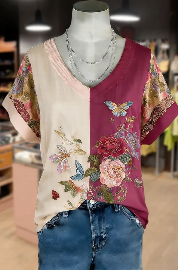 Vintage Floral Print V-Neck Ribbed T-Shirt