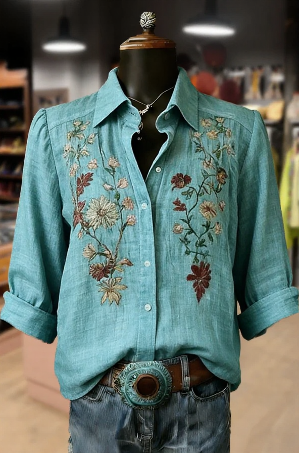 Vintage Floral Print Collared Long Sleeve Blouse