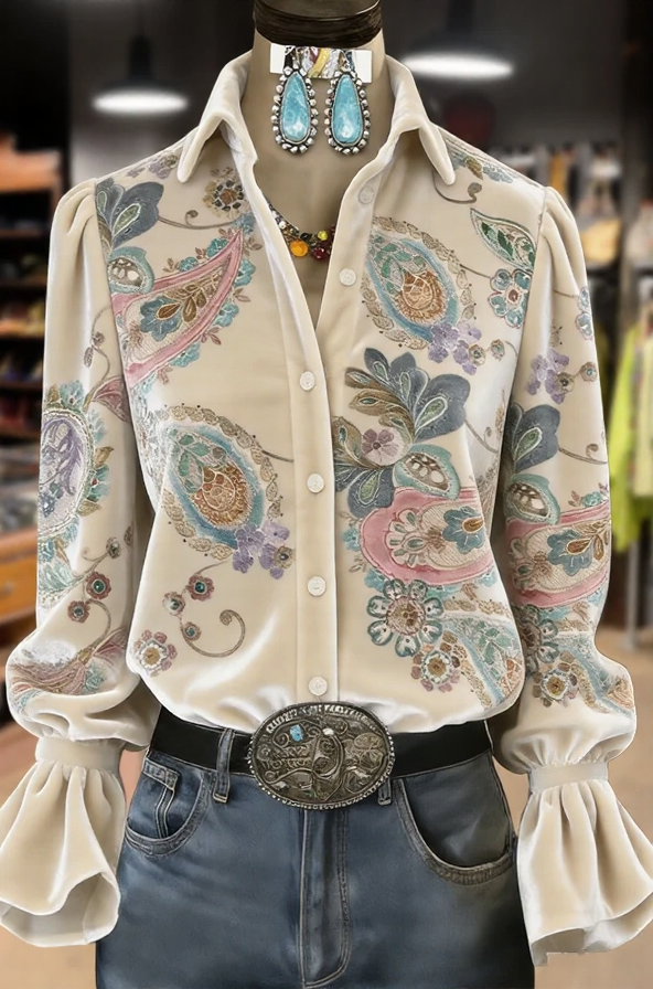 Retro Paisley Print Bell Sleeve Velvet Shirt