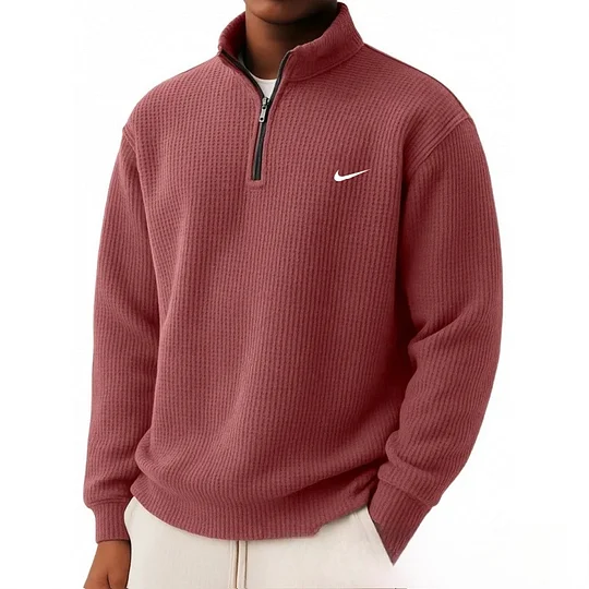 New zip-up loose-fitting casual waffle knit long-sleeved polo shirt