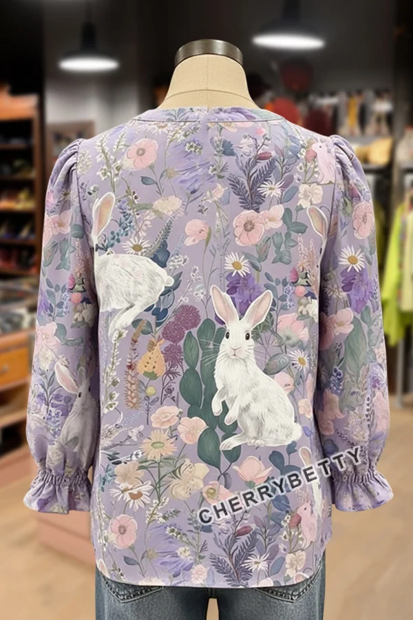 Easter Bunny Print V-Neck Puff Sleeve Top