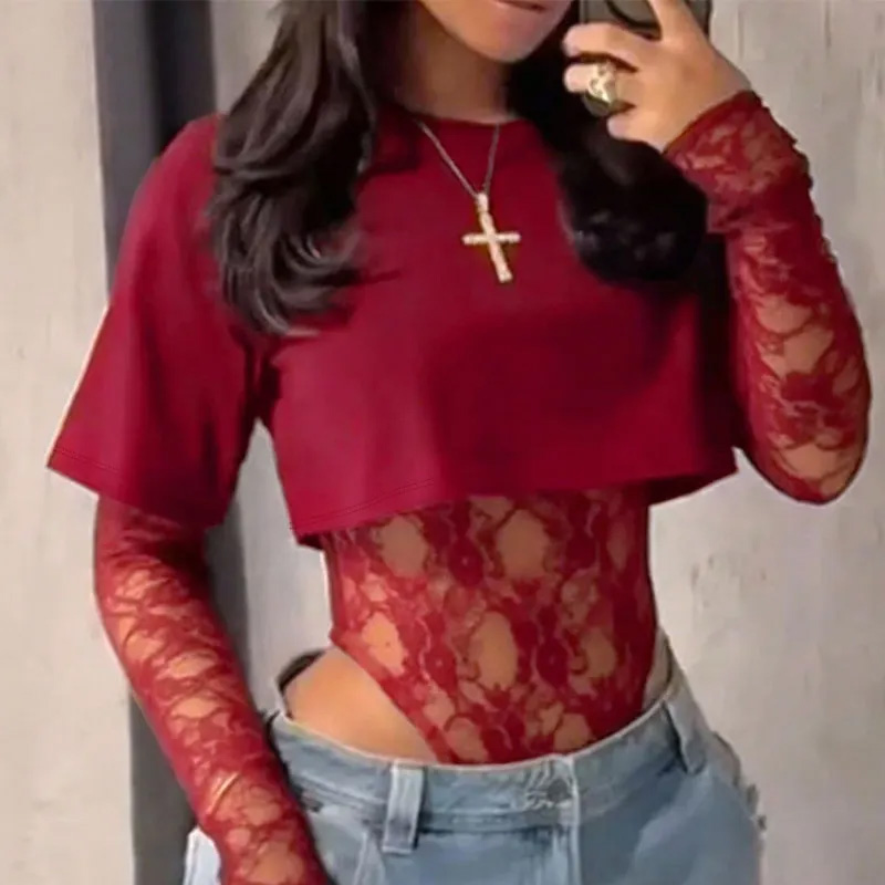 Lace bodysuit T-shirt two-piece set