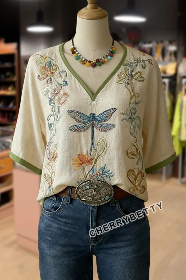 Retro Floral Embroidered V-Neck Short Sleeve Top