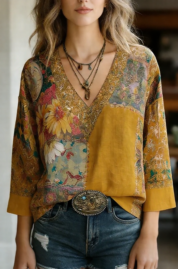 Boho Flower Print V-Neck Blouse
