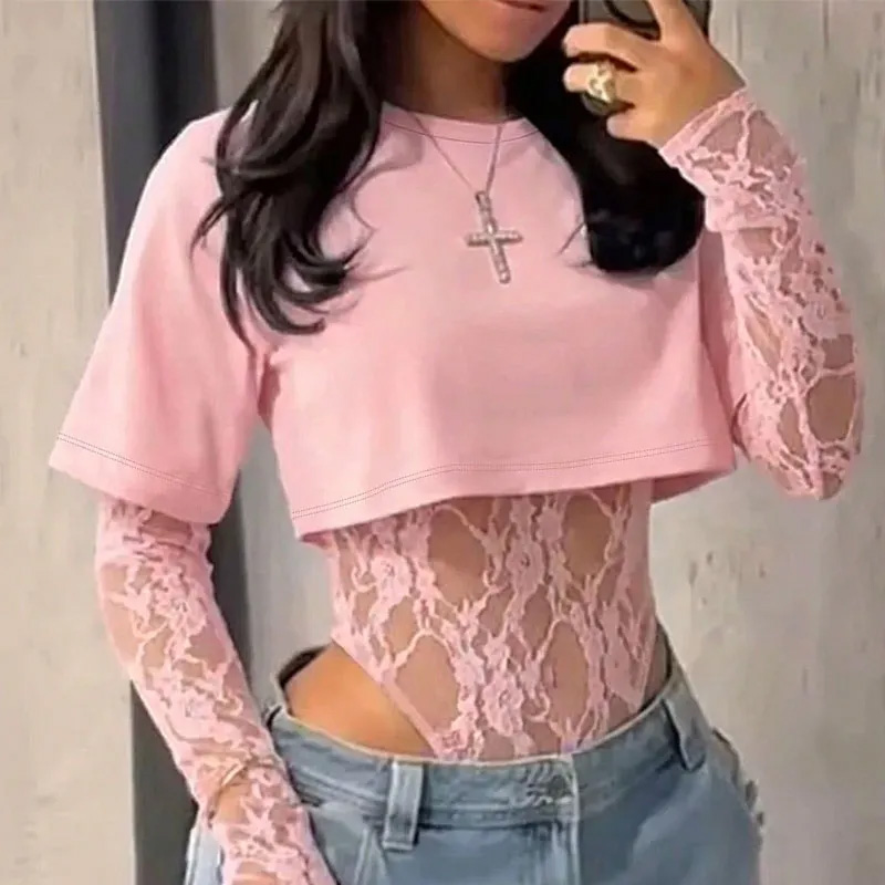 Lace bodysuit T-shirt two-piece set