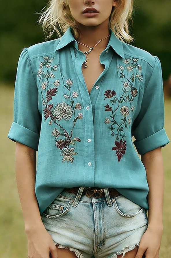 Vintage Floral Print Collared Long Sleeve Blouse
