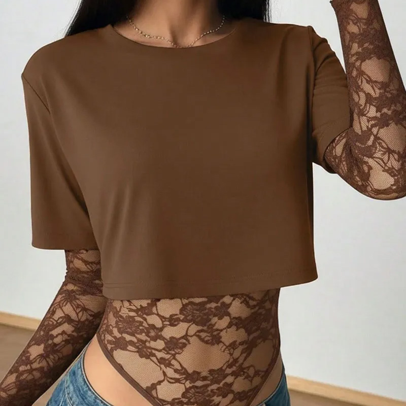 Lace bodysuit T-shirt two-piece set