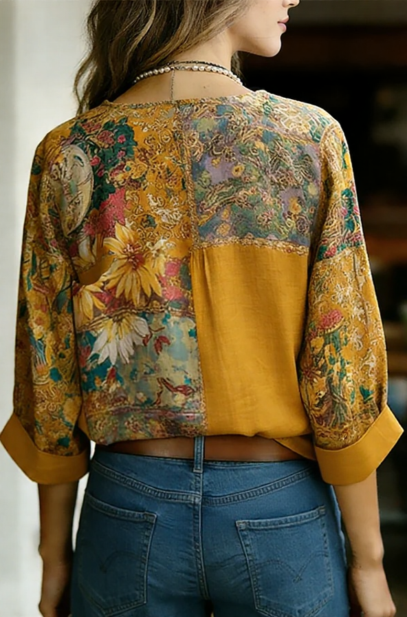 Boho Flower Print V-Neck Blouse