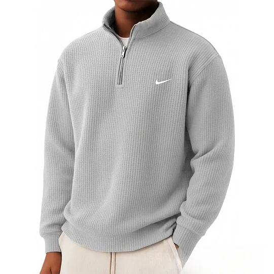 New zip-up loose-fitting casual waffle knit long-sleeved polo shirt