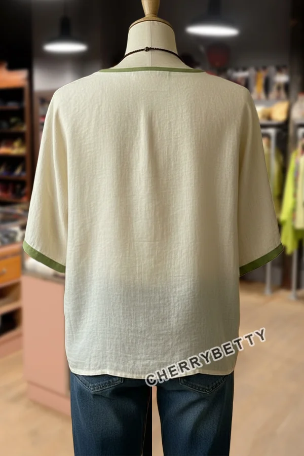 Retro Floral Embroidered V-Neck Short Sleeve Top