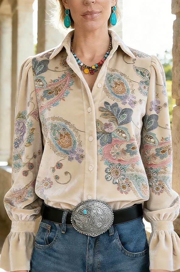 Retro Paisley Print Bell Sleeve Velvet Shirt