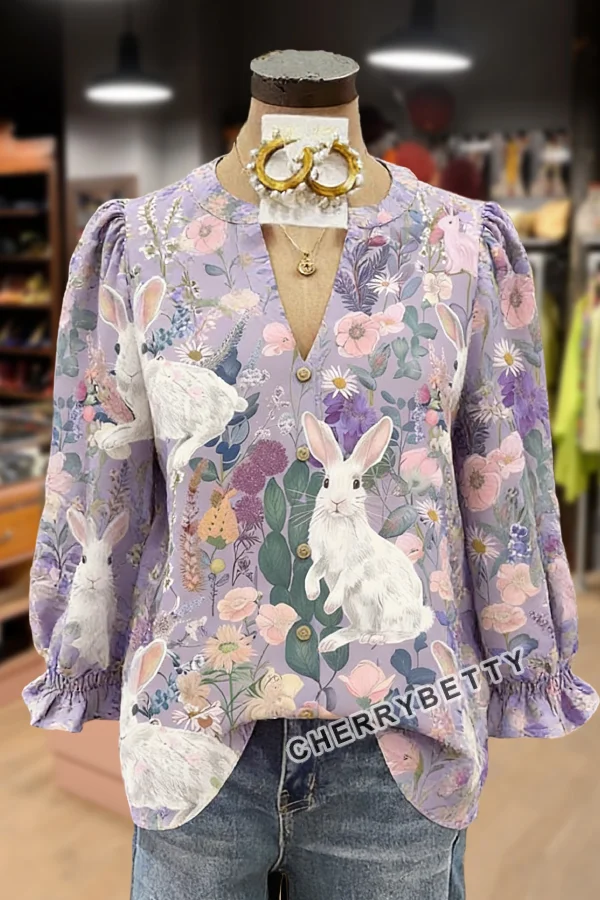 Easter Bunny Print V-Neck Puff Sleeve Top
