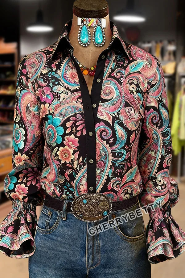 Paisley Floral Print Flared Cuffs Blouse