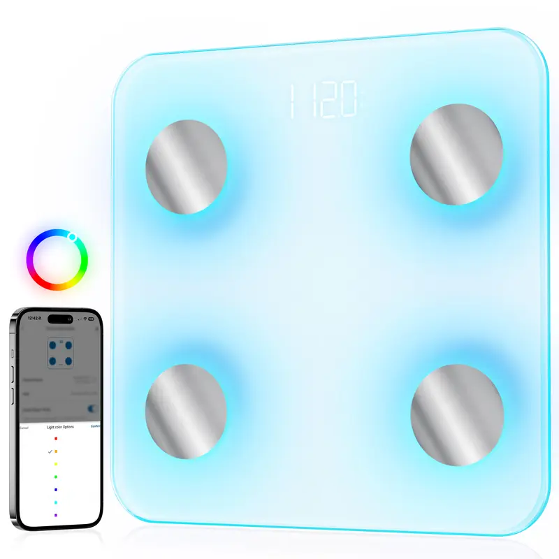 Bluetooth-enabled smart digital scale for measuring BMI and body fat.