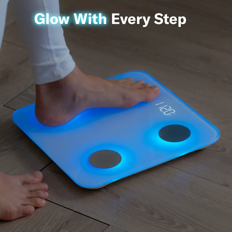 Bluetooth-enabled smart digital scale for measuring BMI and body fat.