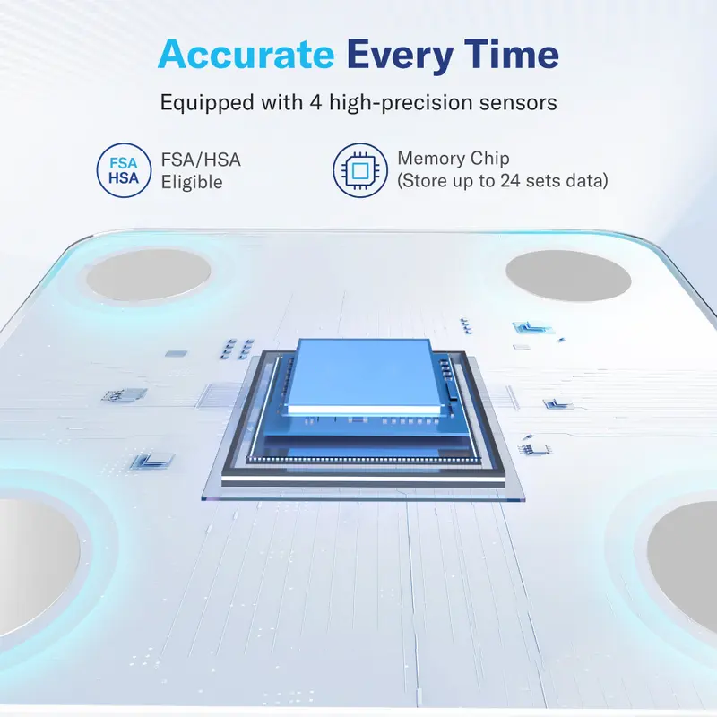 Bluetooth-enabled smart digital scale for measuring BMI and body fat.