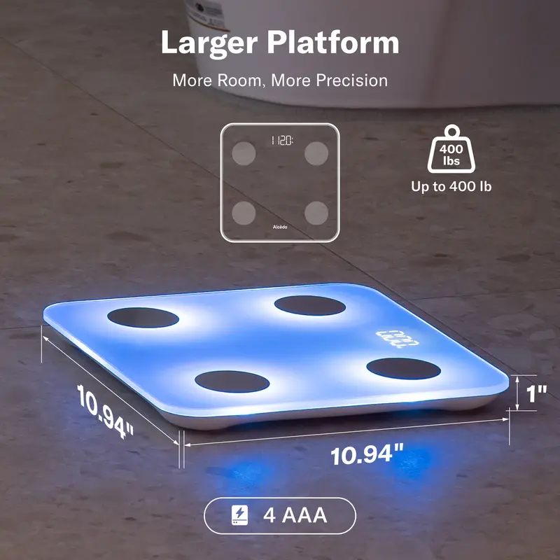 Bluetooth-enabled smart digital scale for measuring BMI and body fat.